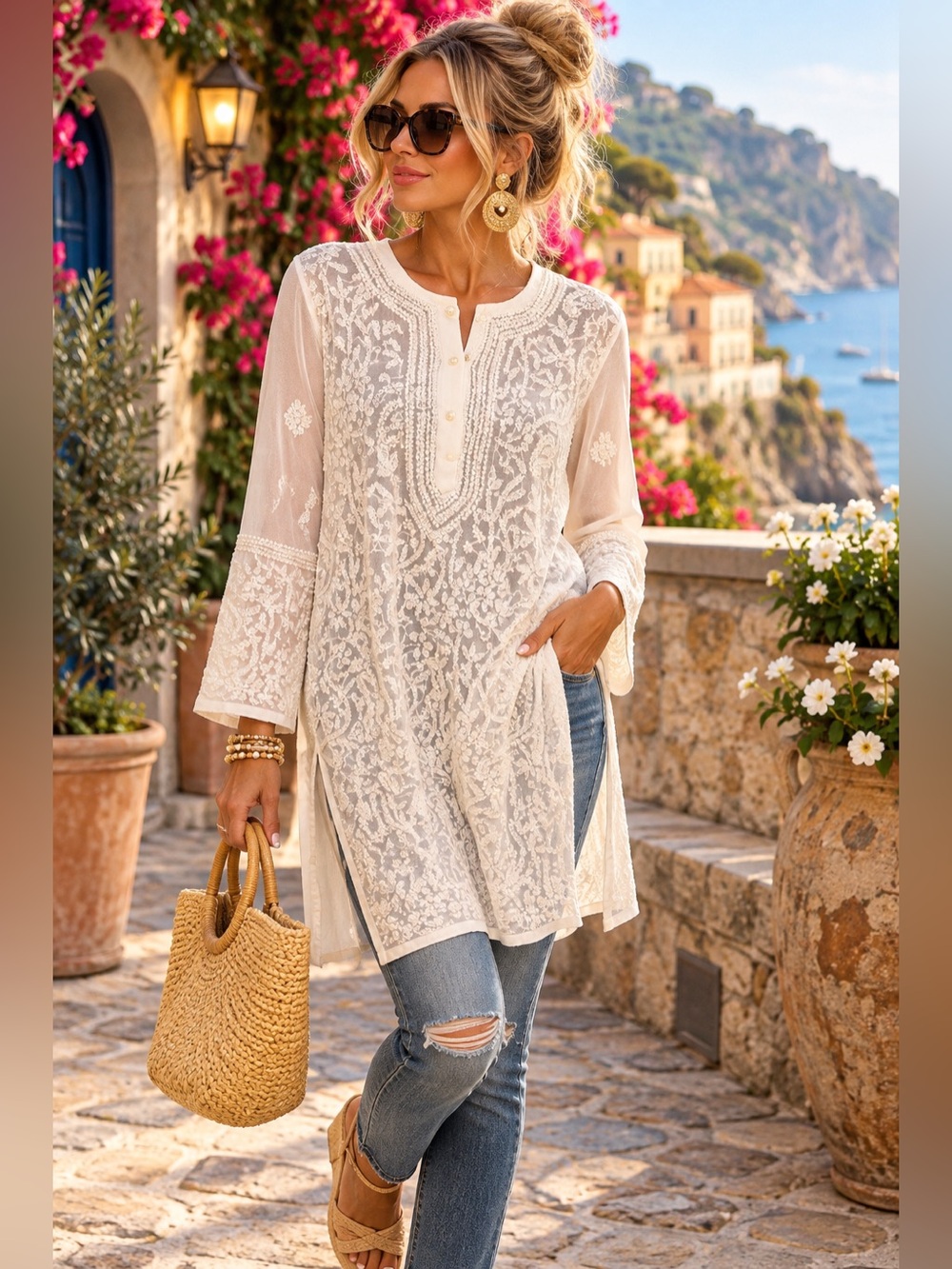 Jayshree Dalal M White Hand Embroidered Georgette Boho Tunic